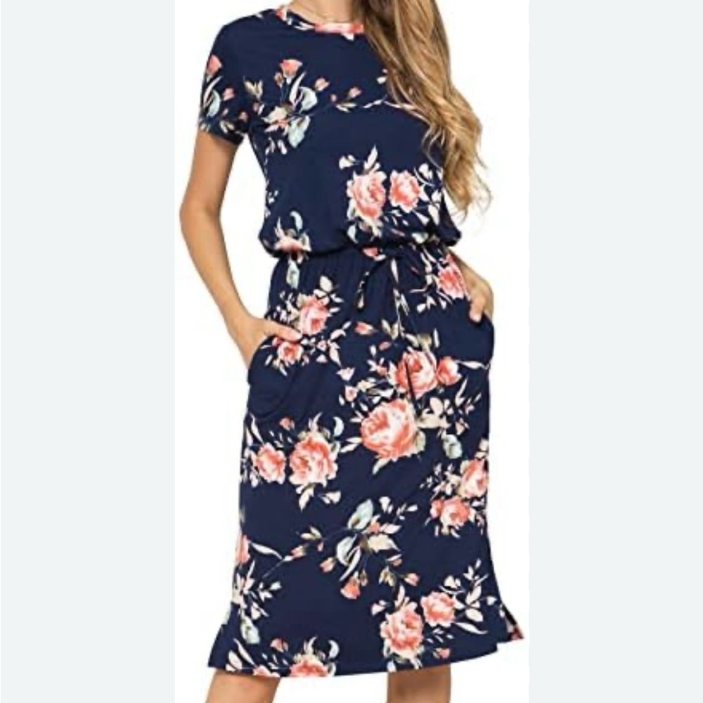 Floral Navy Short-Sleeve Midi Dress